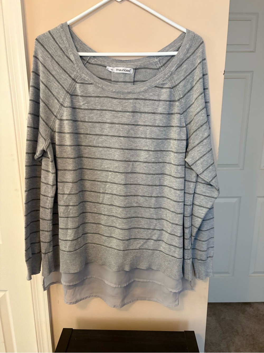 Maurices Gray Striped Sweater with Layered Chiffon Hem - Picture 6 of 8